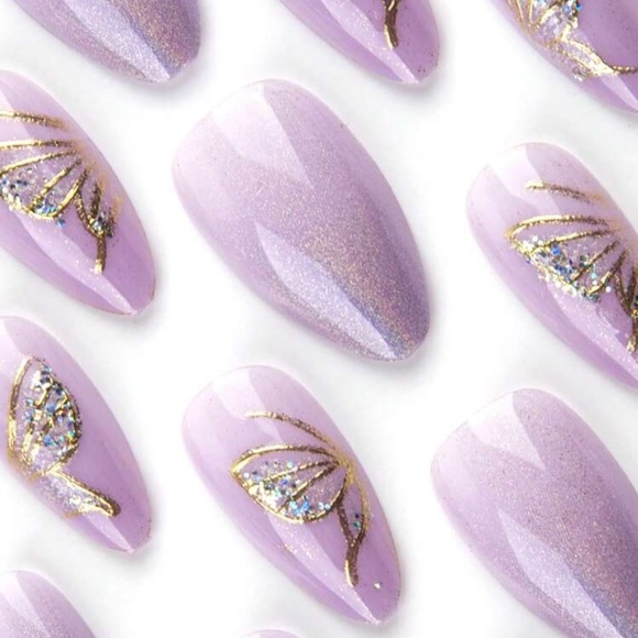 Kawaii Girly Glitter Cat Eye Mermaid Cute Print Nude Press on Nails Set of 4 - Picture 4 of 9